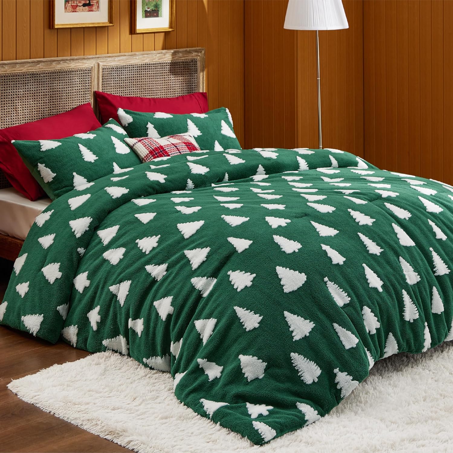 Fluffy Christmas Comforter Set King - Festive Green Bedding