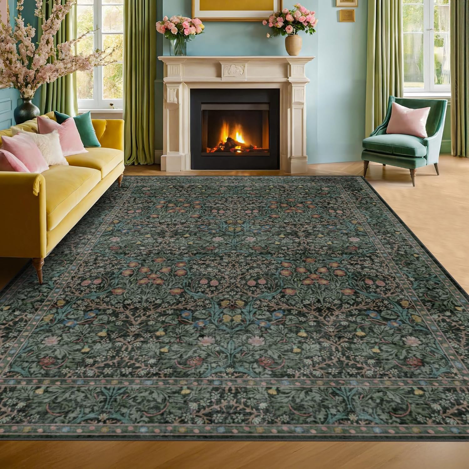 Vintage Washable Dark Green 10x14 Rug for Living Room Decor