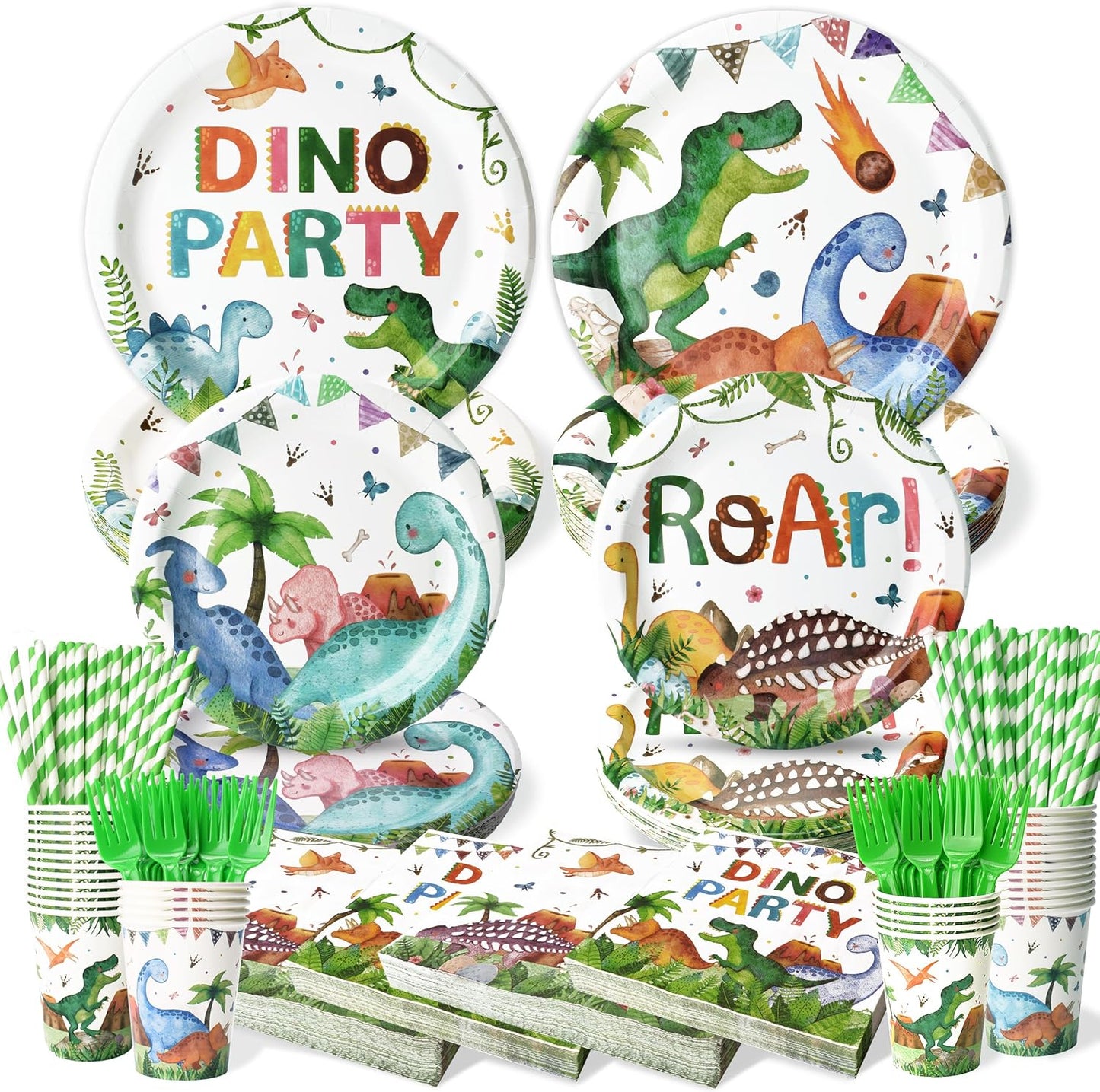 Dinosaur Plates and Napkins Set for 50 Guests - 300 Pcs