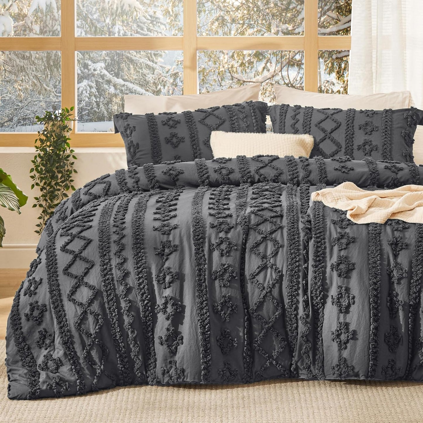 Boho Comforter Set California King Size - Dark Grey Elegance
