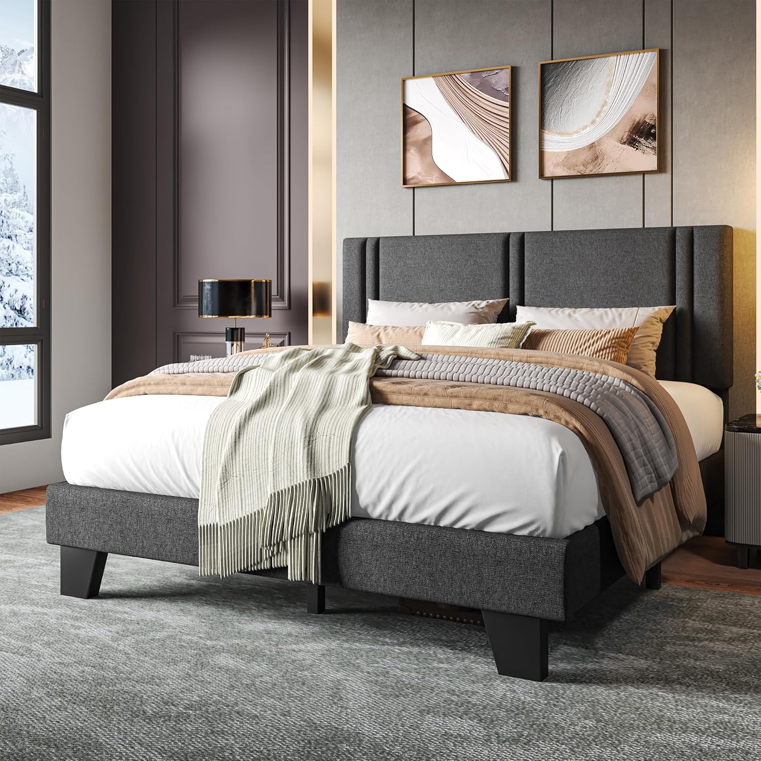 Upholstered Full Size Bed Frame with Linen Fabric Headboard