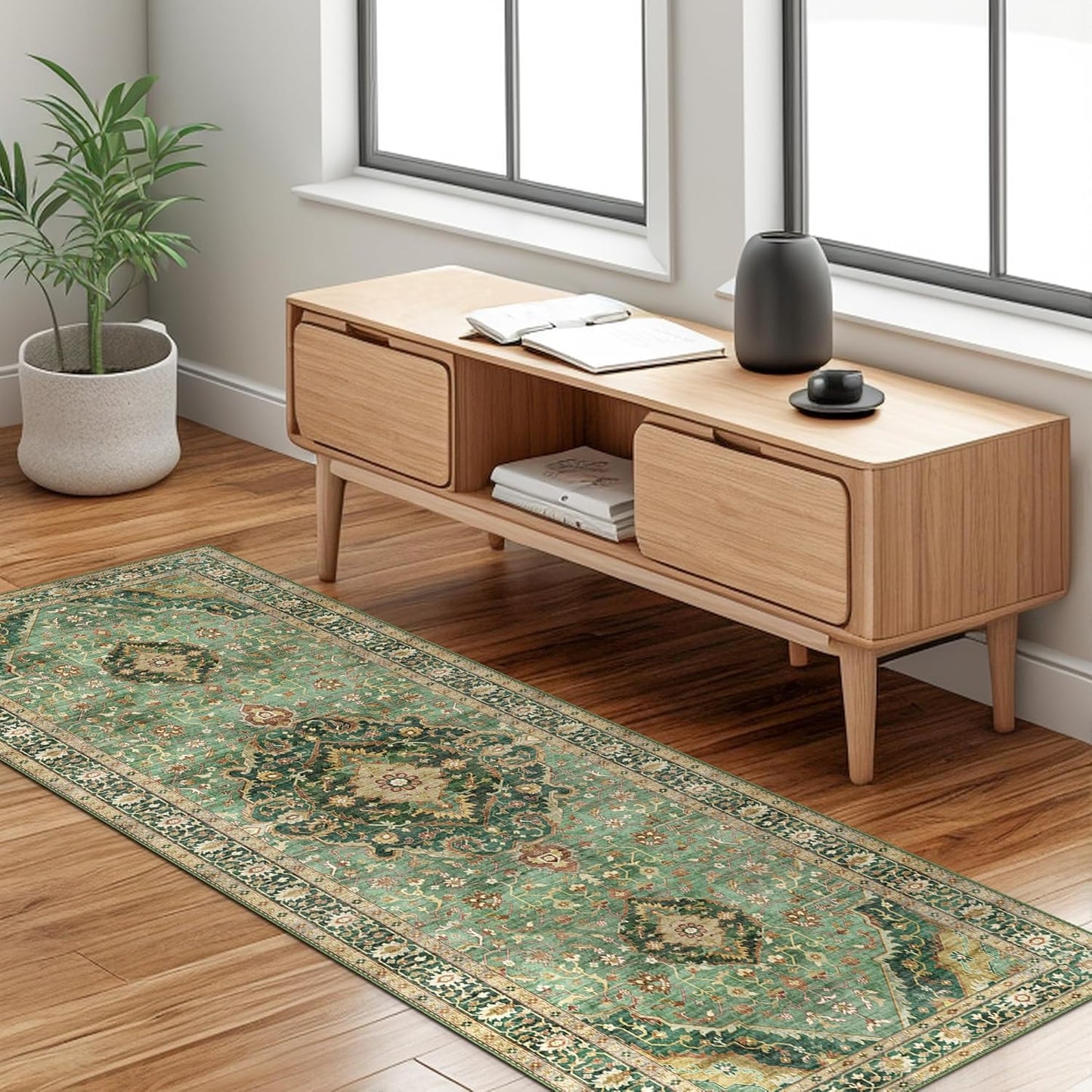 Green Runner Rugs for Hallway 2x6 Ft Non-Slip Vintage Carpet
