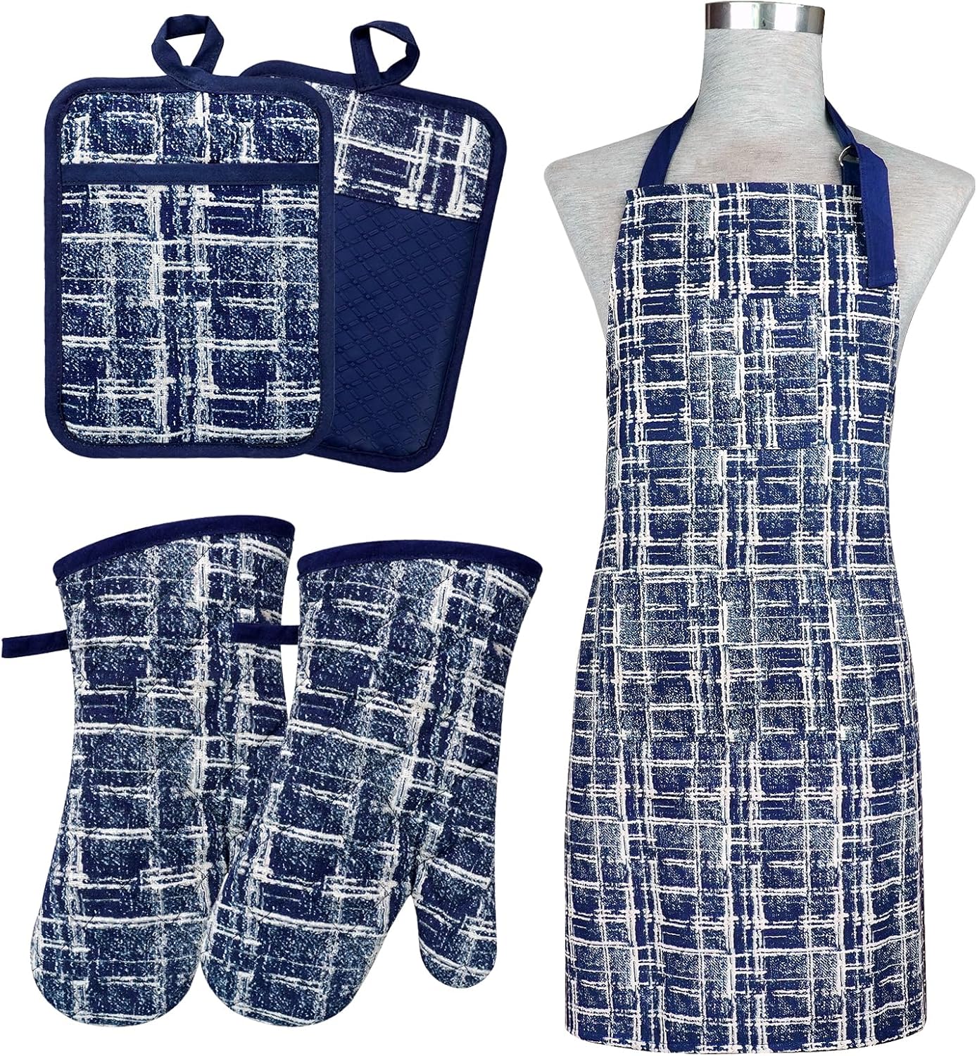 5-Piece Kitchen Set: Heat Resistant Oven Mitts, Pot Holders & Adjustable Apron - Navy