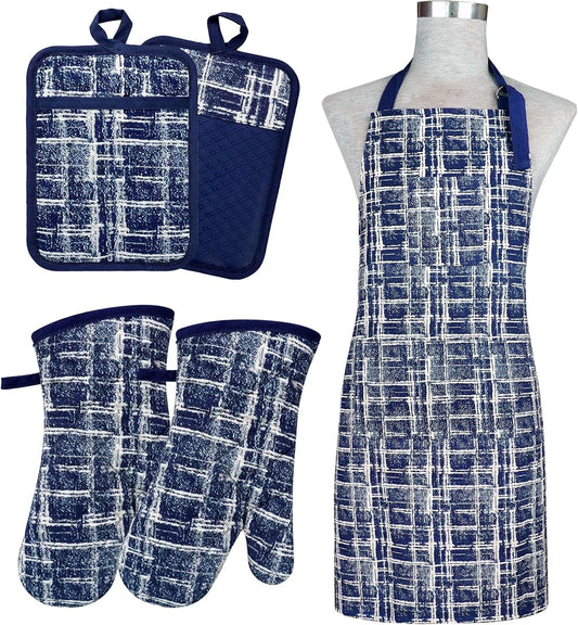 5-Piece Kitchen Set: Heat Resistant Oven Mitts, Pot Holders & Adjustable Apron - Navy