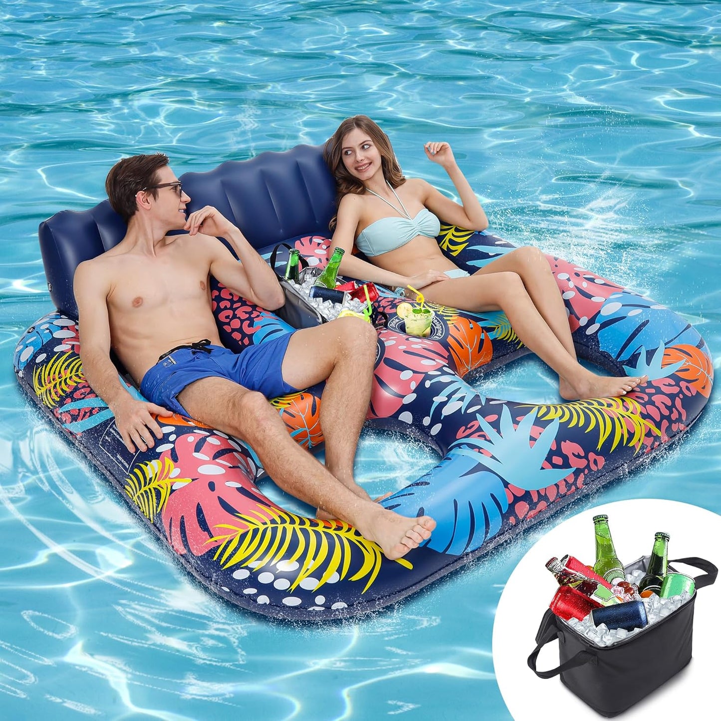 2-Person Inflatable Pool Floats with Cooler & Cup Holders