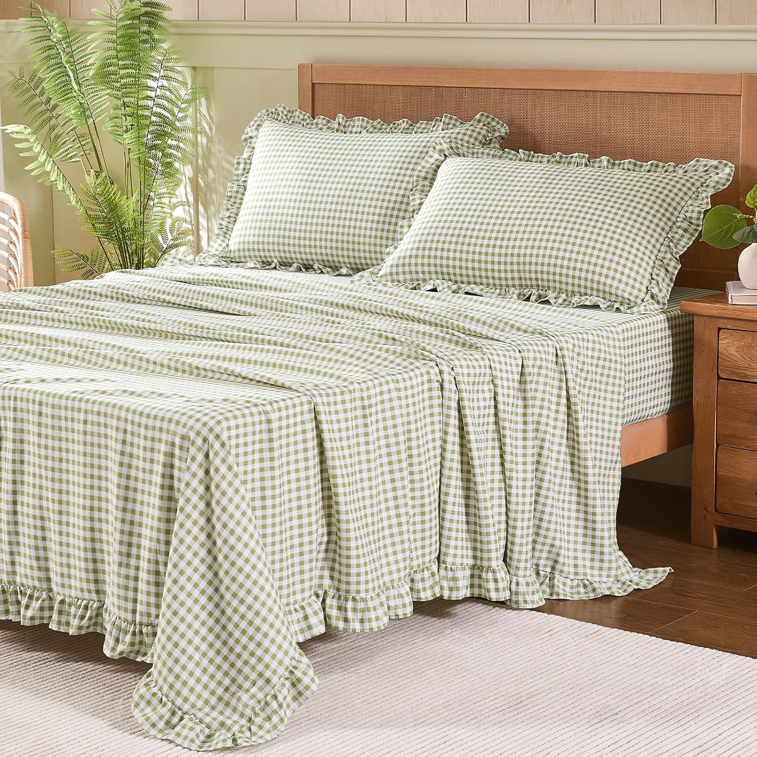 Gingham King Sheet Set for Farmhouse Bedroom Decor in Sage Green