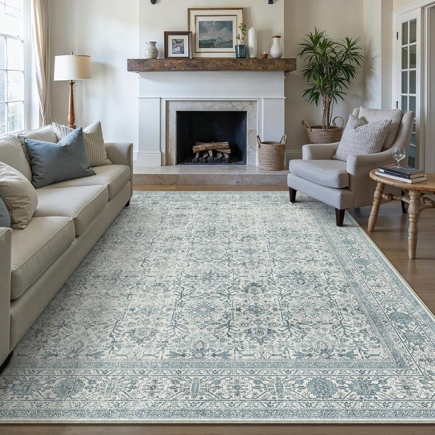 Vintage Area Rug 8x10 Blue Washable Non Slip Carpet for Home