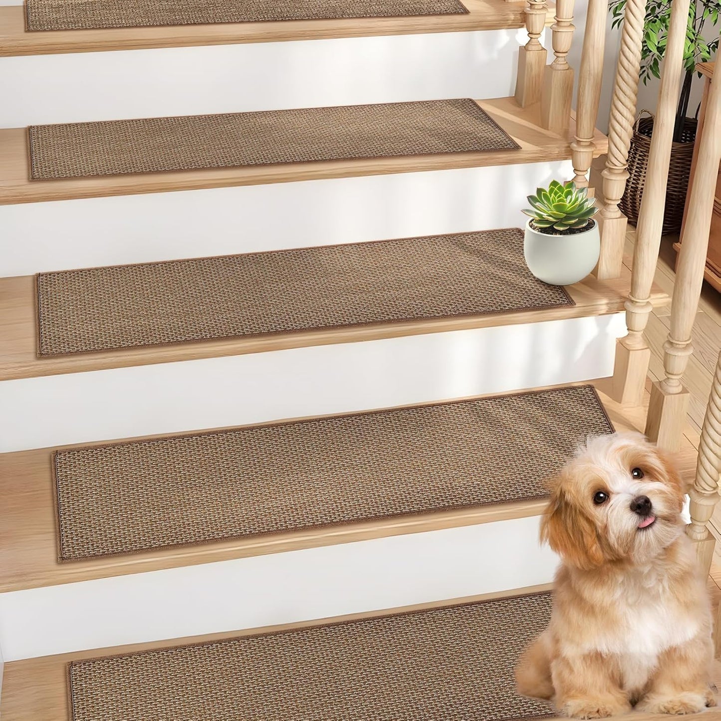 Natural Linen Stair Treads for Wooden Steps - Non Slip Carpet