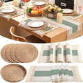 Boho Placemats 4/6 Set Round Woven with Sage Green Runner - Rustic
