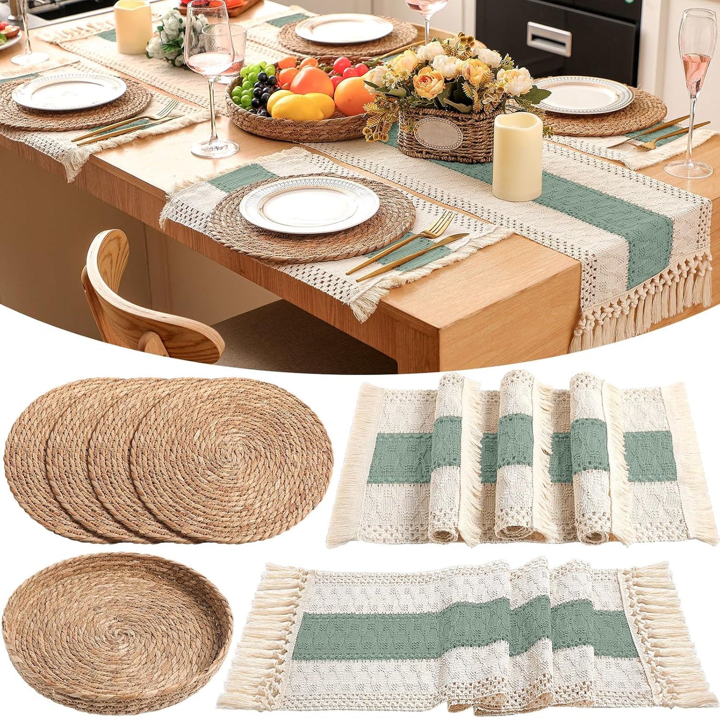 Boho Placemats Set of 4 Round Woven Macrame Style for Dining