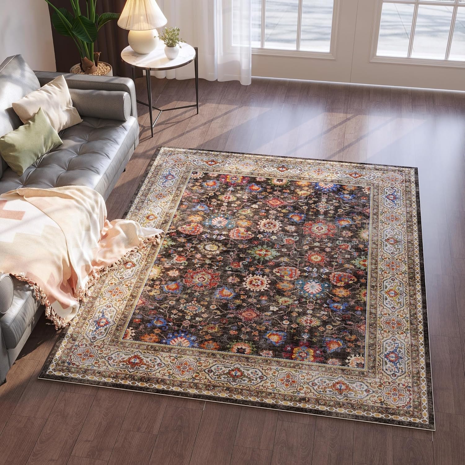 Area Rug 4x6 Washable Boho Non Slip Low Pile Carpet for Home