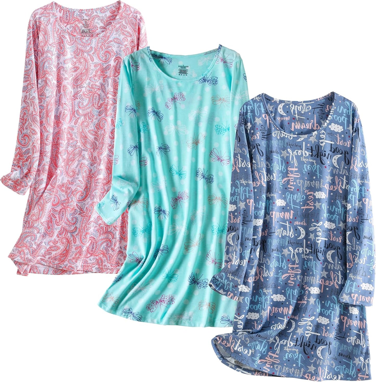 PNAEONG Women's Nightgown 3 Pack Long Sleeve Sleep Shirts