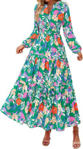 Boho Maxi Dress Floral V Neck Long Sleeve - Elegant Fall Guest Dress