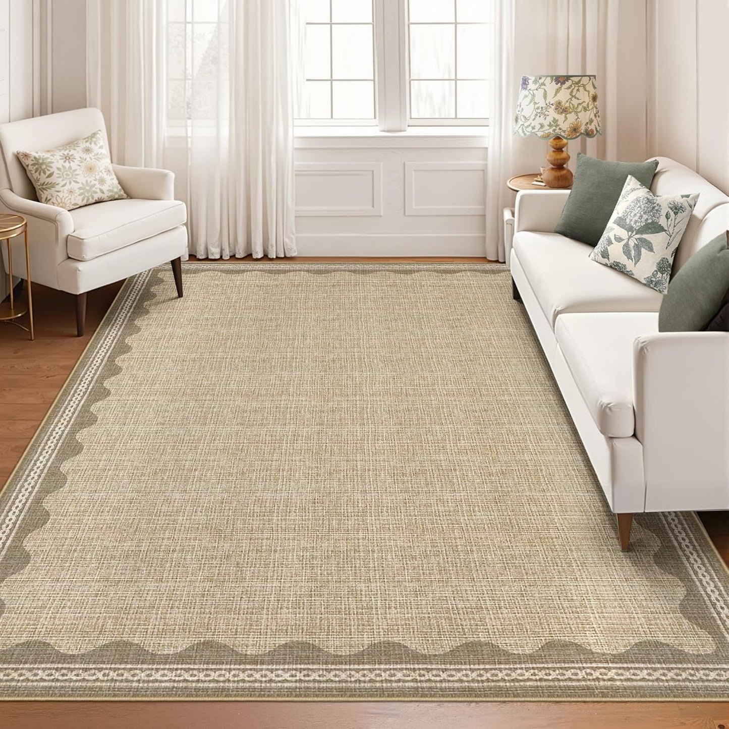 Scalloped Washable 8x10 Rug for Living Room and Bedroom Use