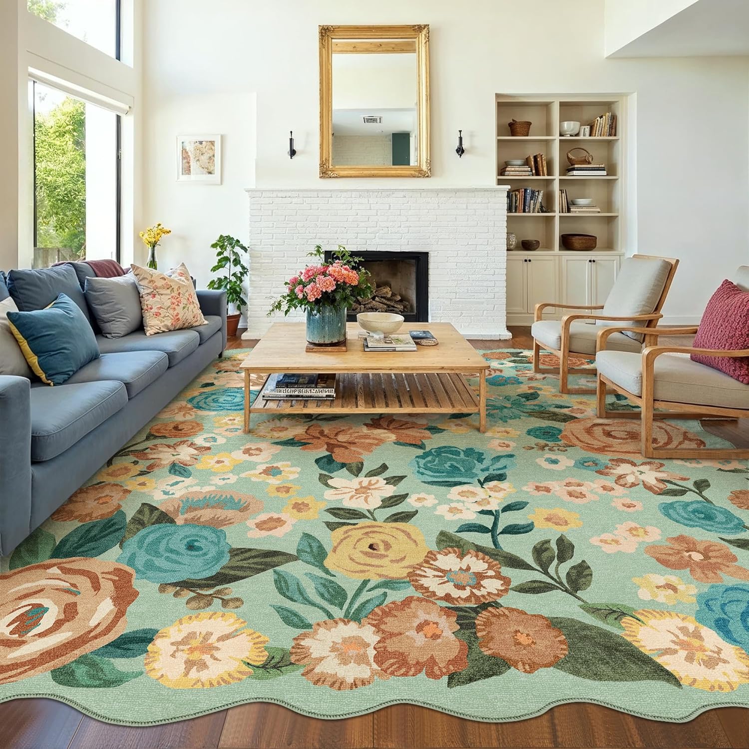 Washable Floral Area Rug 8x10 for Living Room and Bedroom