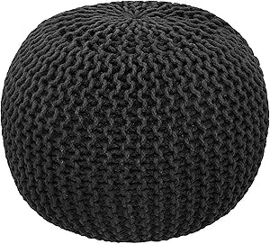 COTTON CRAFT Round Pouf Ottoman - Hand Knitted Black Floor Pouf
