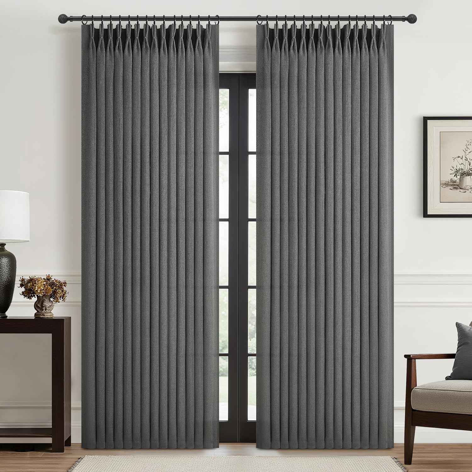 Dark Grey Memory Shaped Pinch Pleated Curtains for Living Room
