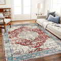 Washable Area Rug 10 ft x 14 ft Red Blue Retro Flowers Boho - Easy