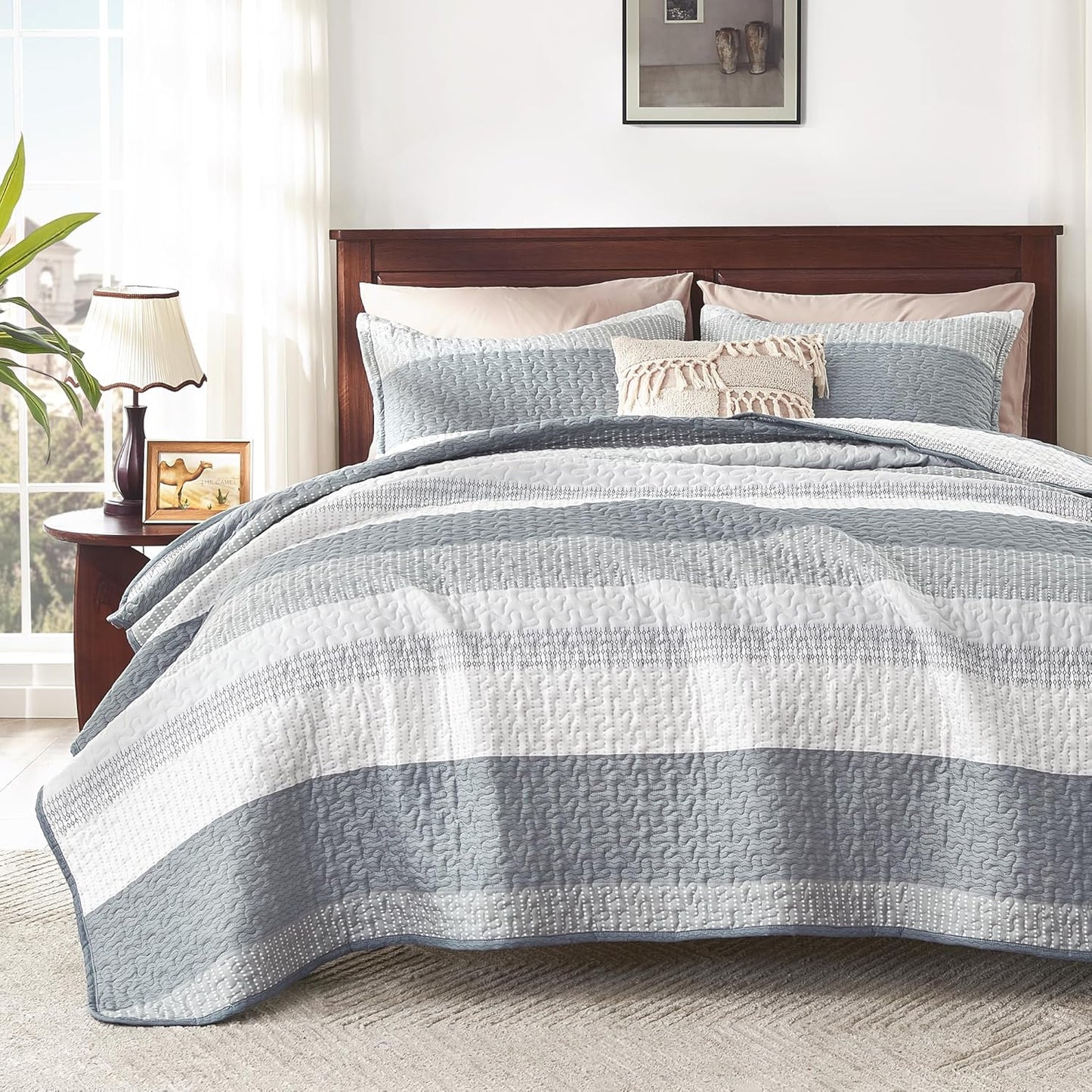 Andency Grey Striped Quilt Twin Set for Elegant Bedroom Decor