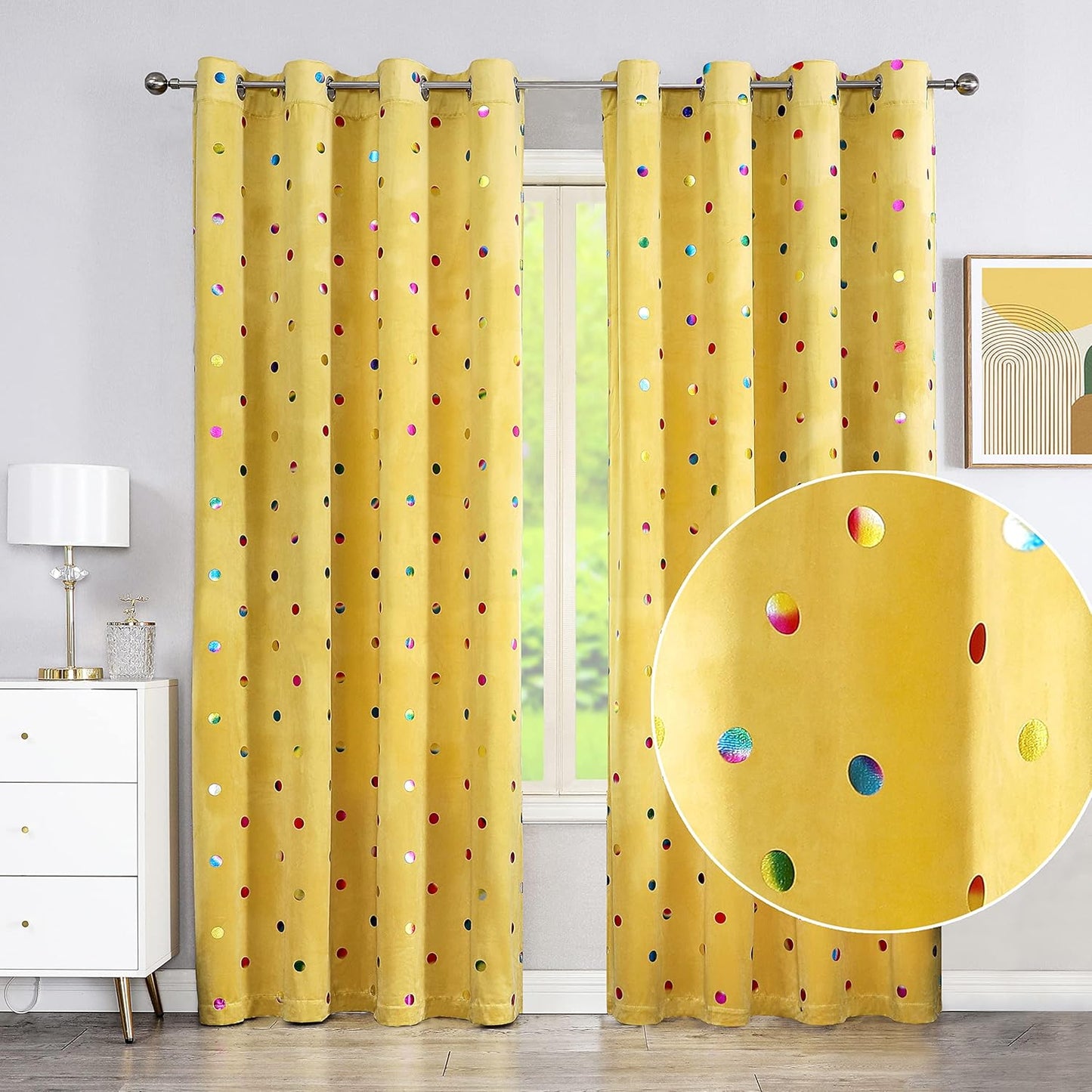 Yellow Velvet Blackout Curtains for Kids Bedroom - Energy Saving 95 Long 2pcs