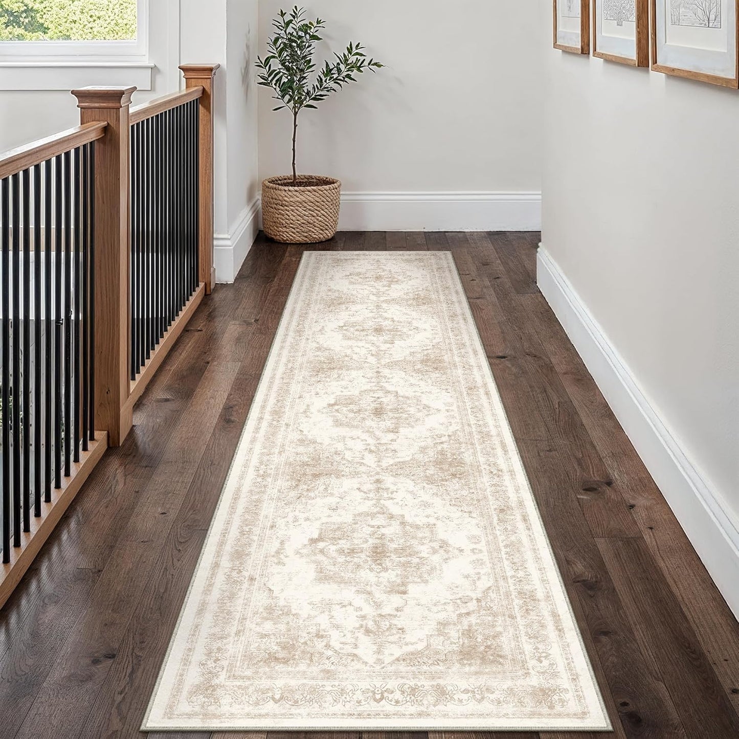 Vintage Medallion Runner Rug 3x10 Cream Washable Non Slip