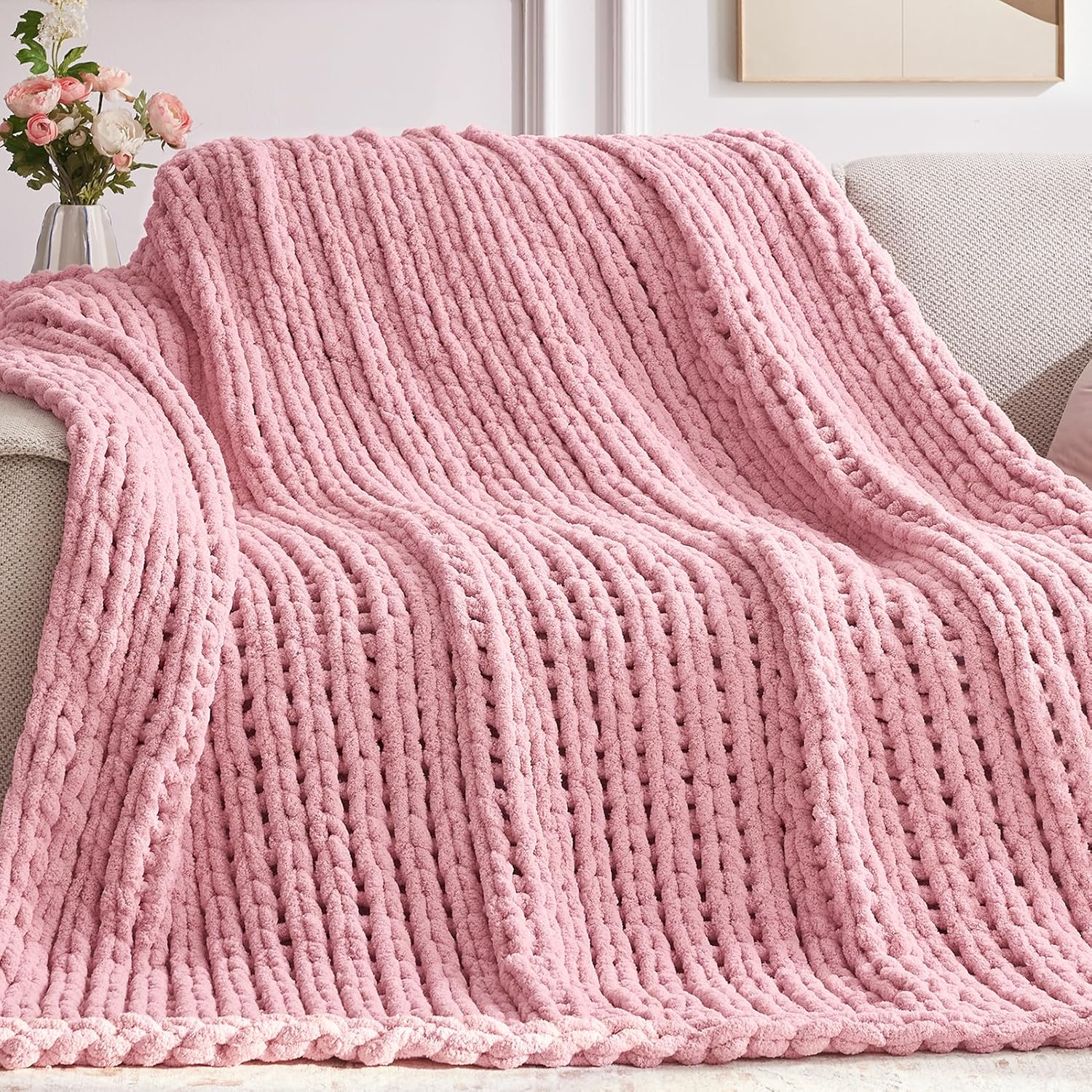 Chunky Knit Throw Blanket for Bed Couch - Handmade Light Pink