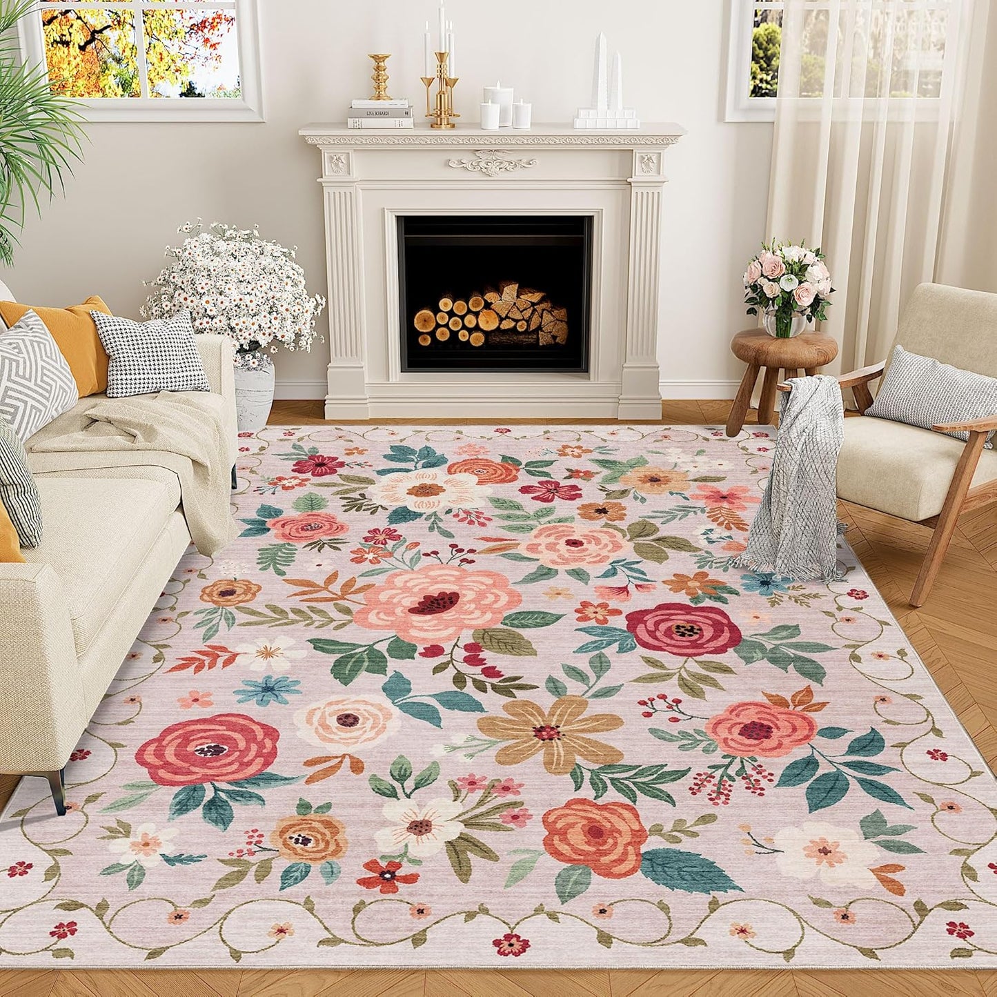 DUKINO 9x12 Area Rug - Floral Non-Slip Washable Boho Design
