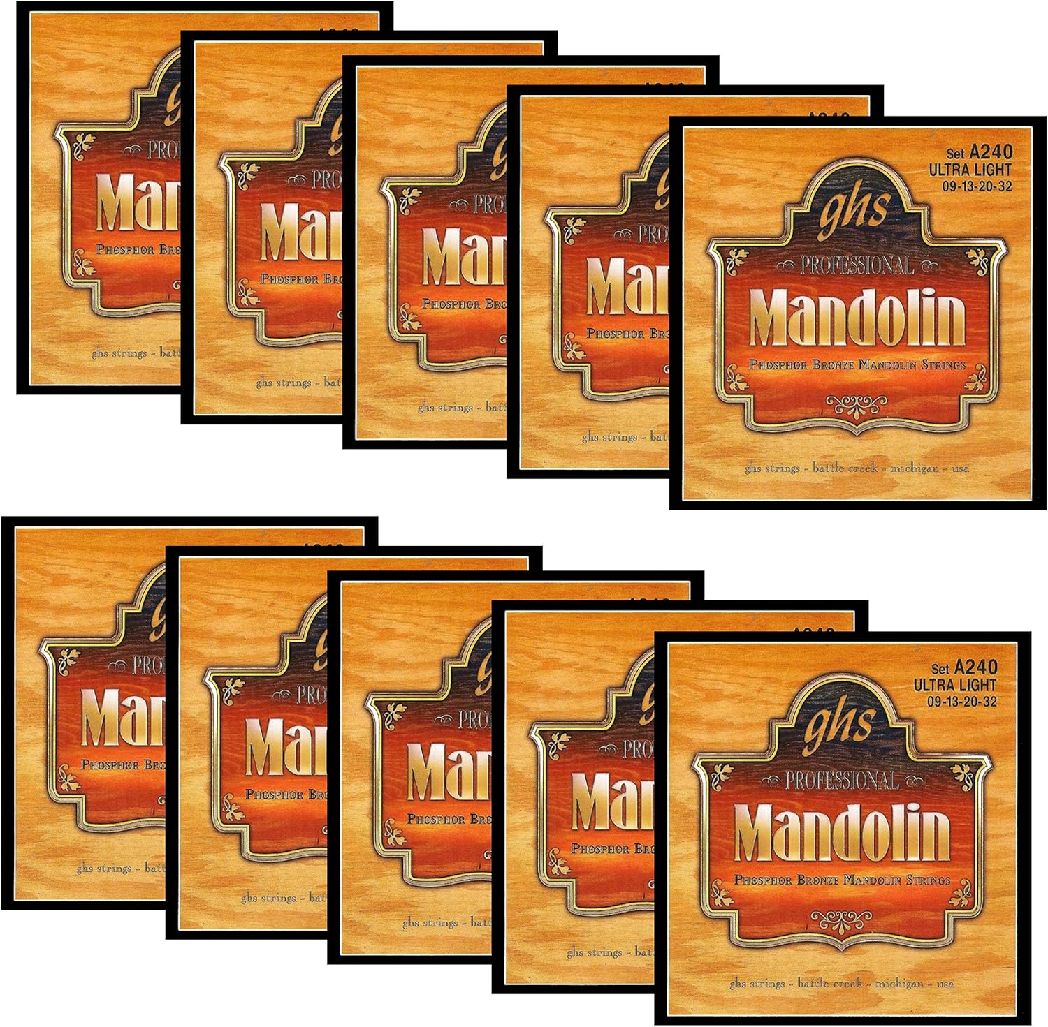 GHS A240 Mandolin Strings Pack of 10, Ultra Light Phosphor Bronze