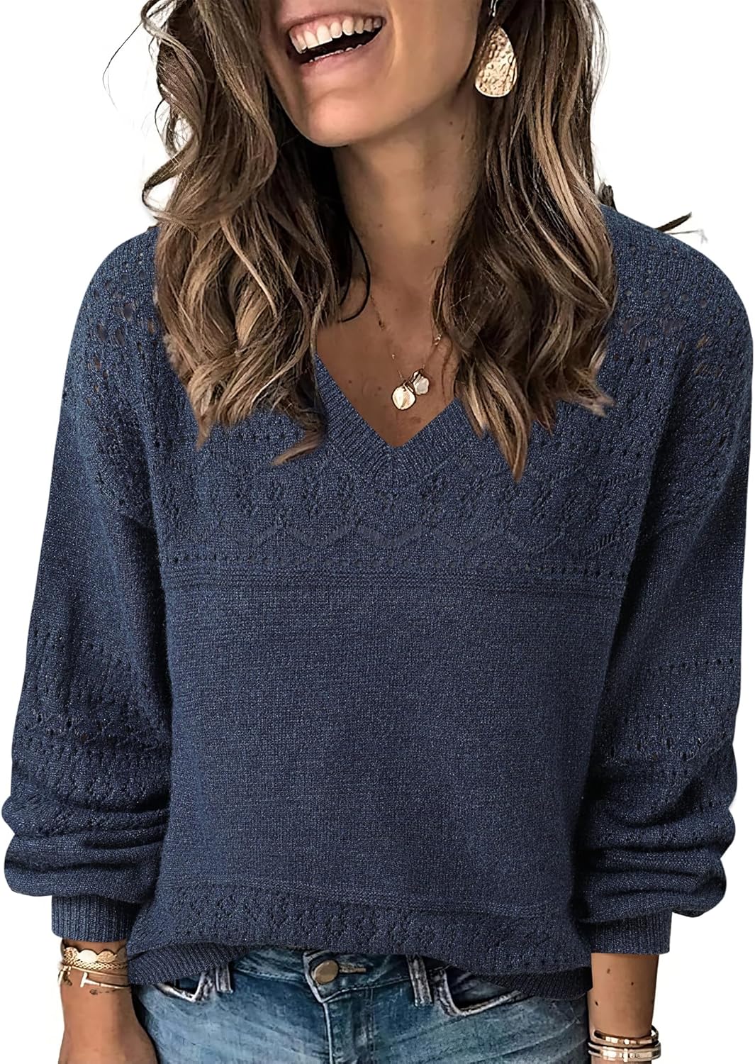Messic Womens Pullover Sweaters Casual Long Sleeve V Neck Tops