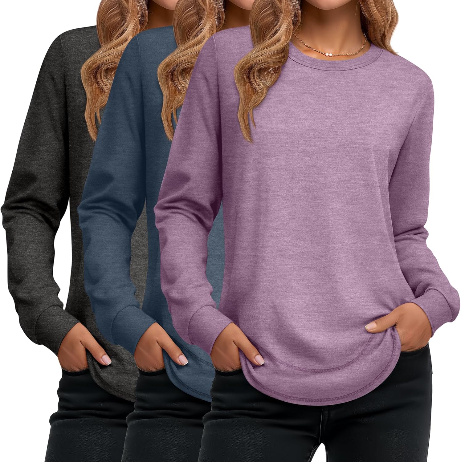 Ficerd 3 Pack Women's Long Sleeve Shirts for Casual Wear