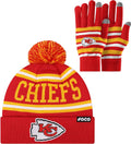 NFL Team Logo Adult Stretch Gloves and Stripe Pom Beanie Set - Warm