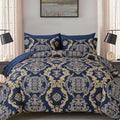 Blue Gold Damask Comforter Set Queen Size - 7 Piece Bedding
