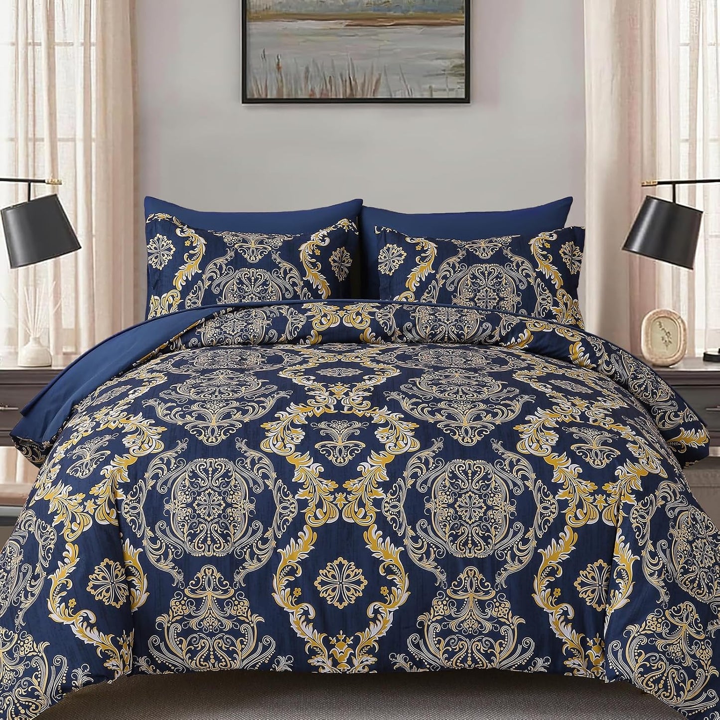 Blue Gold Damask Comforter Set Queen Size for Luxurious Bedding