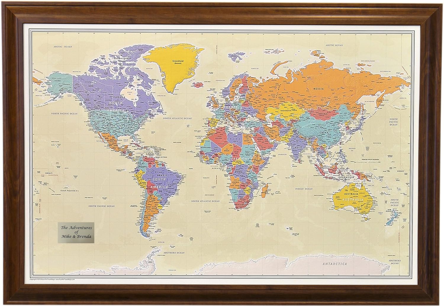 Personalized Push Pin Travel Map with Brown Frame for Adventurers