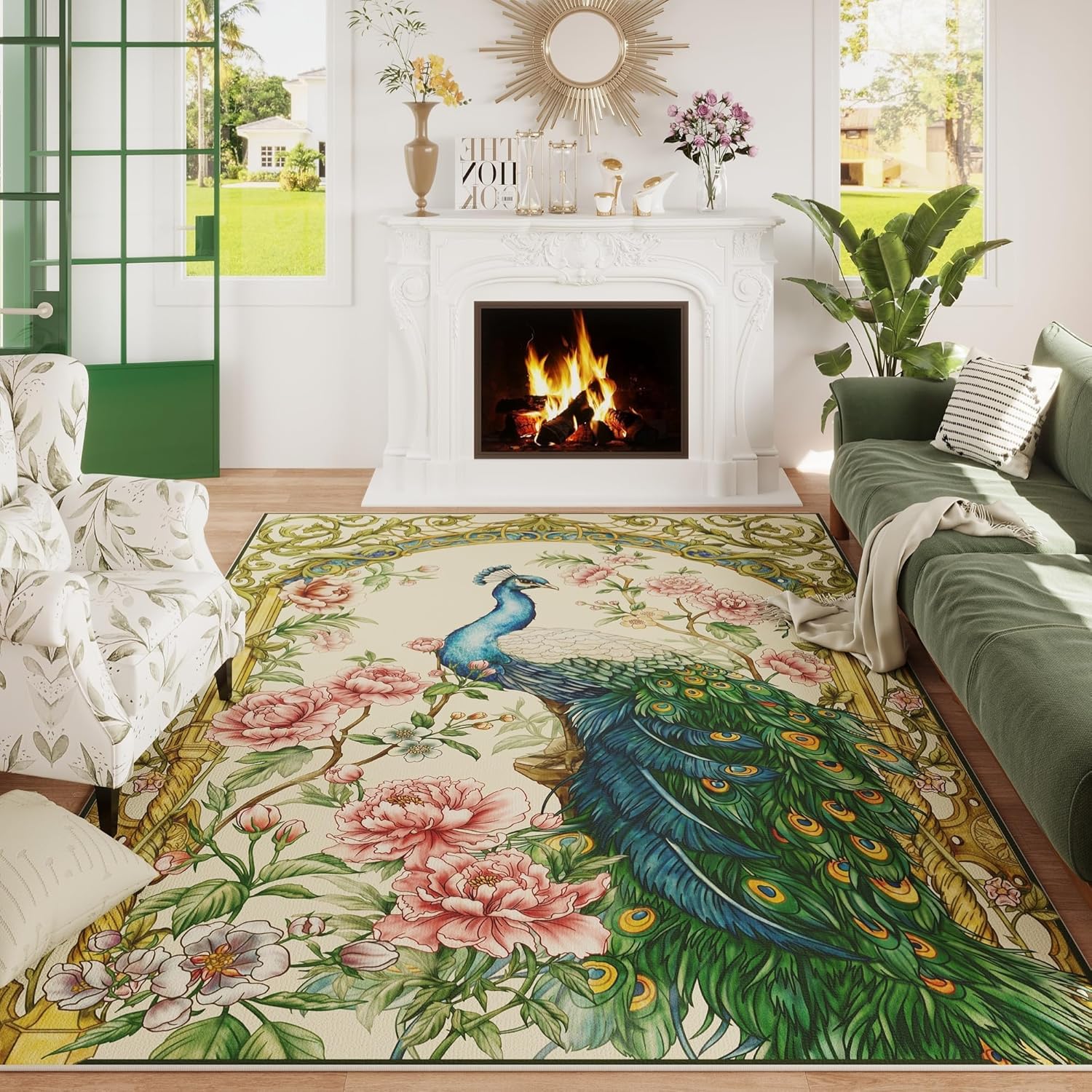 Floral Peacock Area Rug 5x7 Machine Washable Non Slip Design