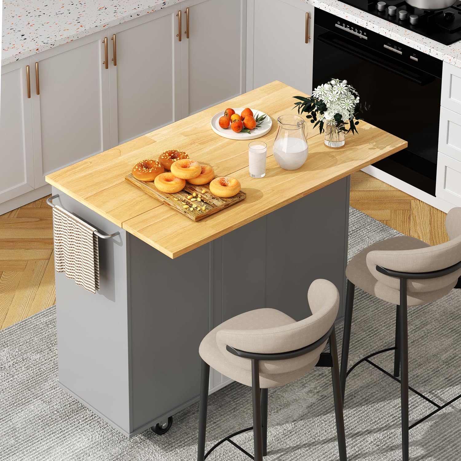 Shintenchi Kitchen Island with Folding Drop Leaf and Storage