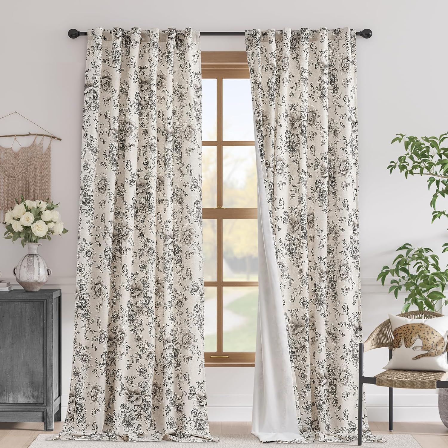 Floral Blackout Linen Blend Curtains for Elegant Home Decor