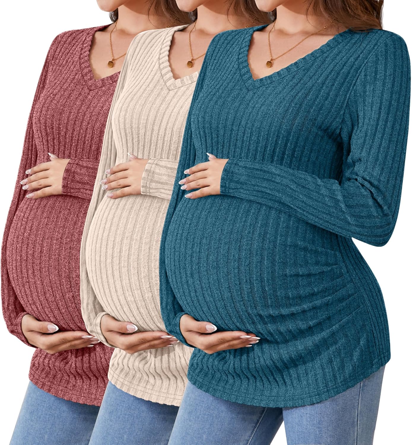 Maternity Shirts for Women - Ribbed Long Sleeve Tops 3 Pack