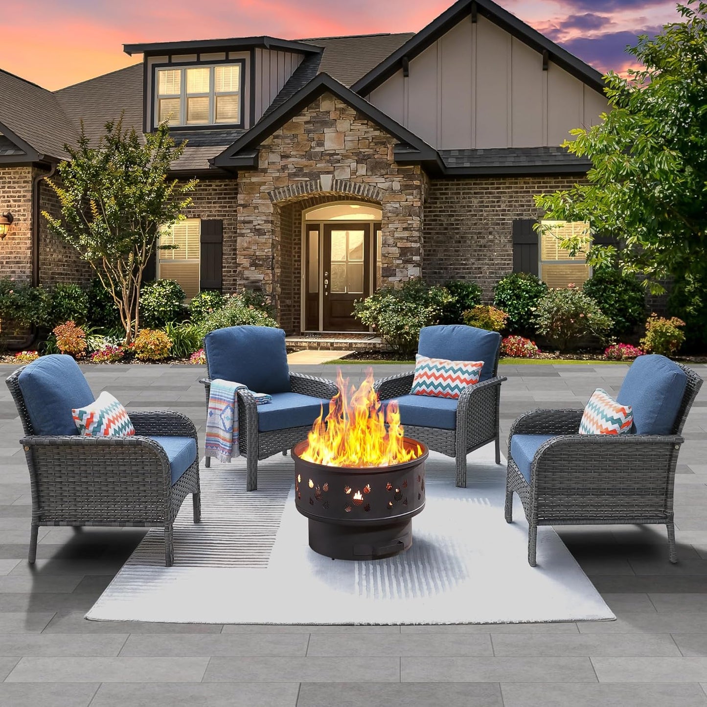 ovios 4 Pieces Patio Furniture Set with Fire Pit for Outdoors
