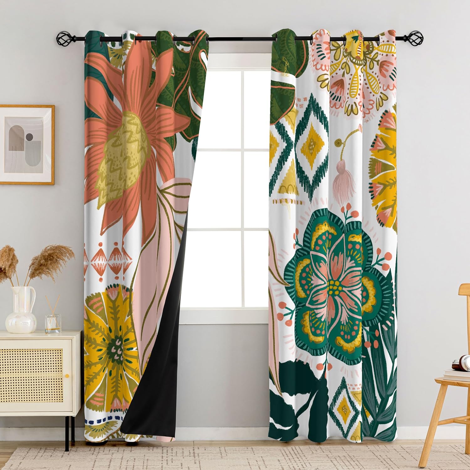 Boho Floral Blackout Curtains for Living Room and Bedroom