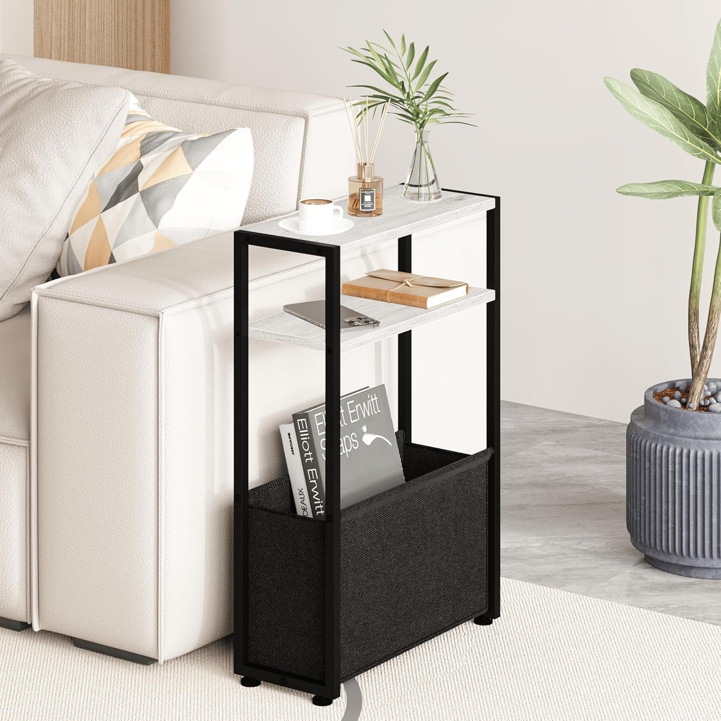 Slim Side Table with Storage Basket for Small Spaces