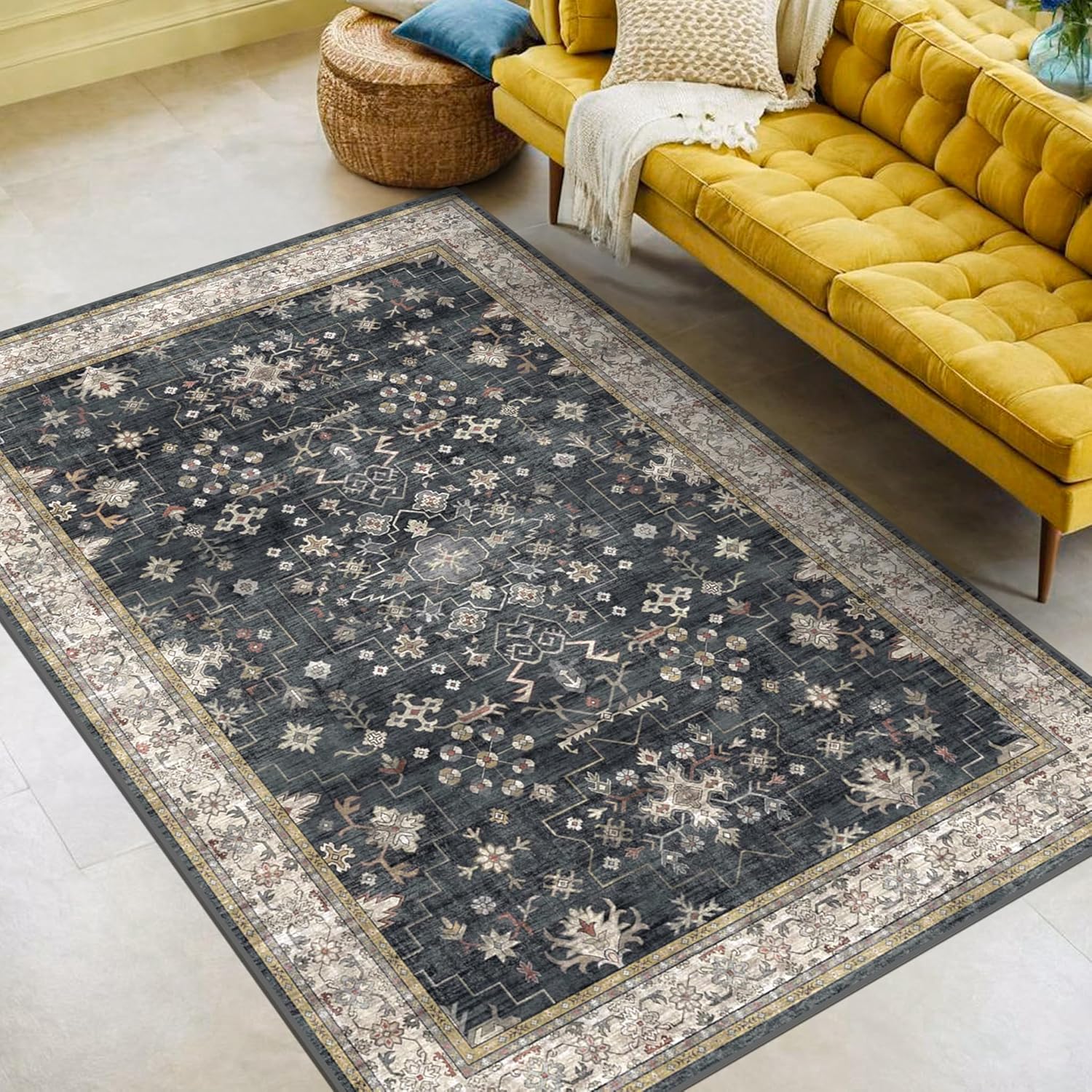 Stain-Resistant 5x8 Black Farmhouse Rug - Hazo Haus
