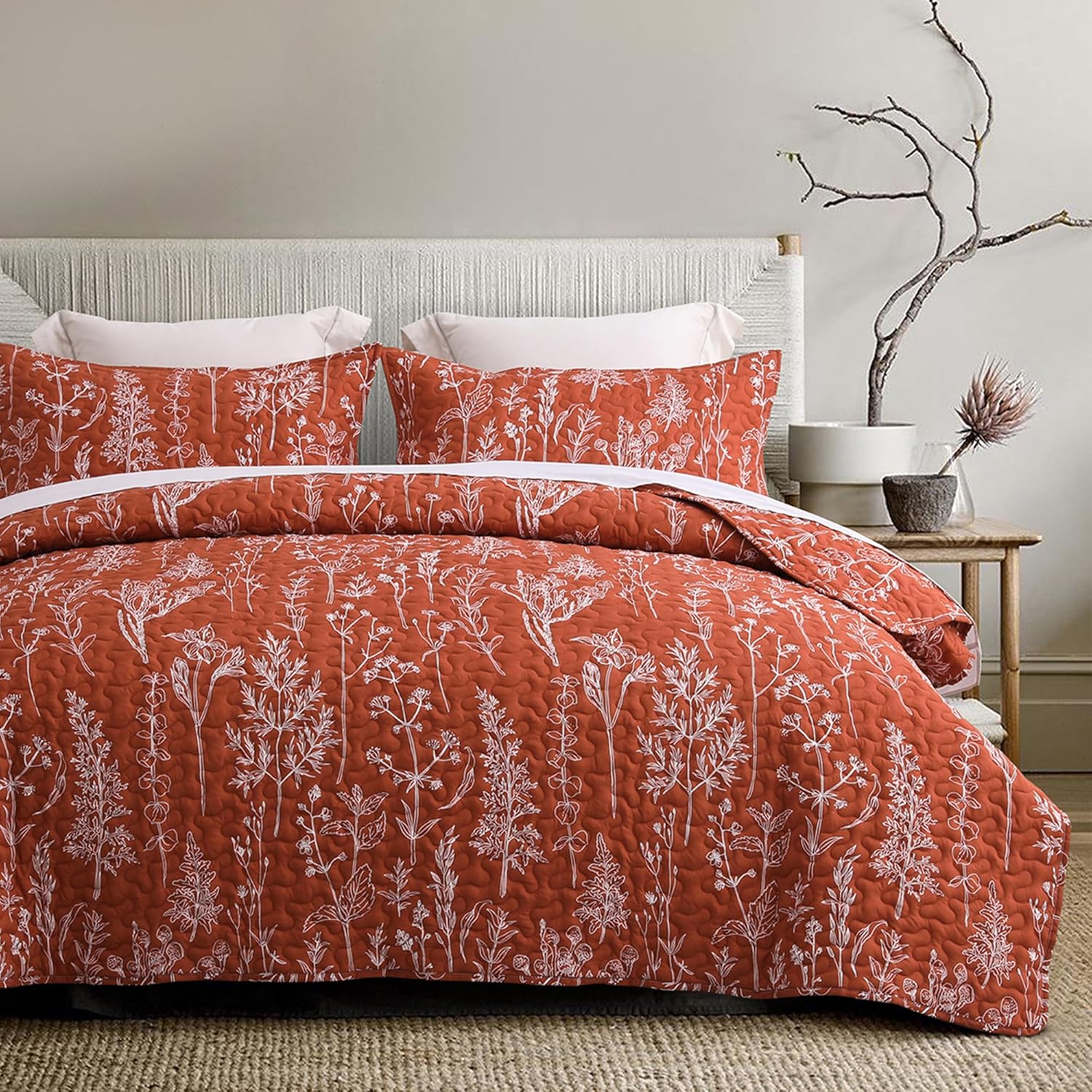DURLENGEN Coral & Orange Quilt Set Queen Size for All Seasons