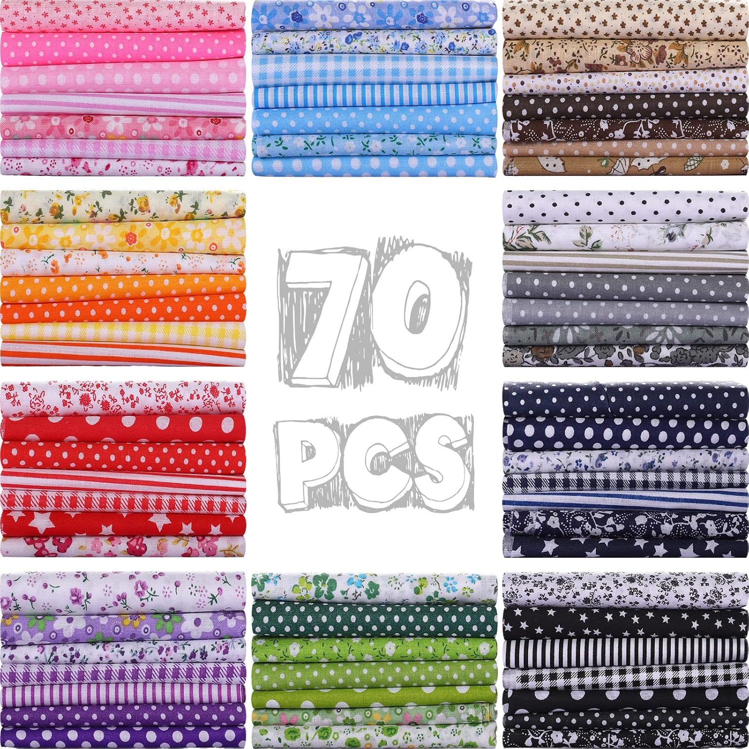 70 Pcs Cotton Fat Quarters for Quilting and Crafting Projects