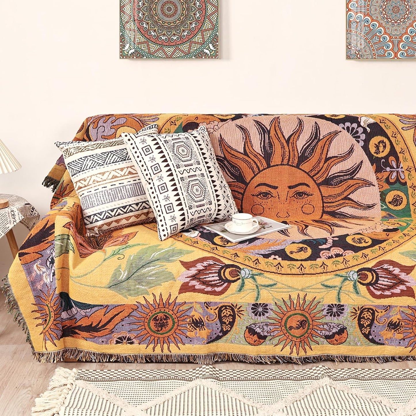 Boho Throw Blanket for Bed Couch Sofa Reversible Cotton Quilt