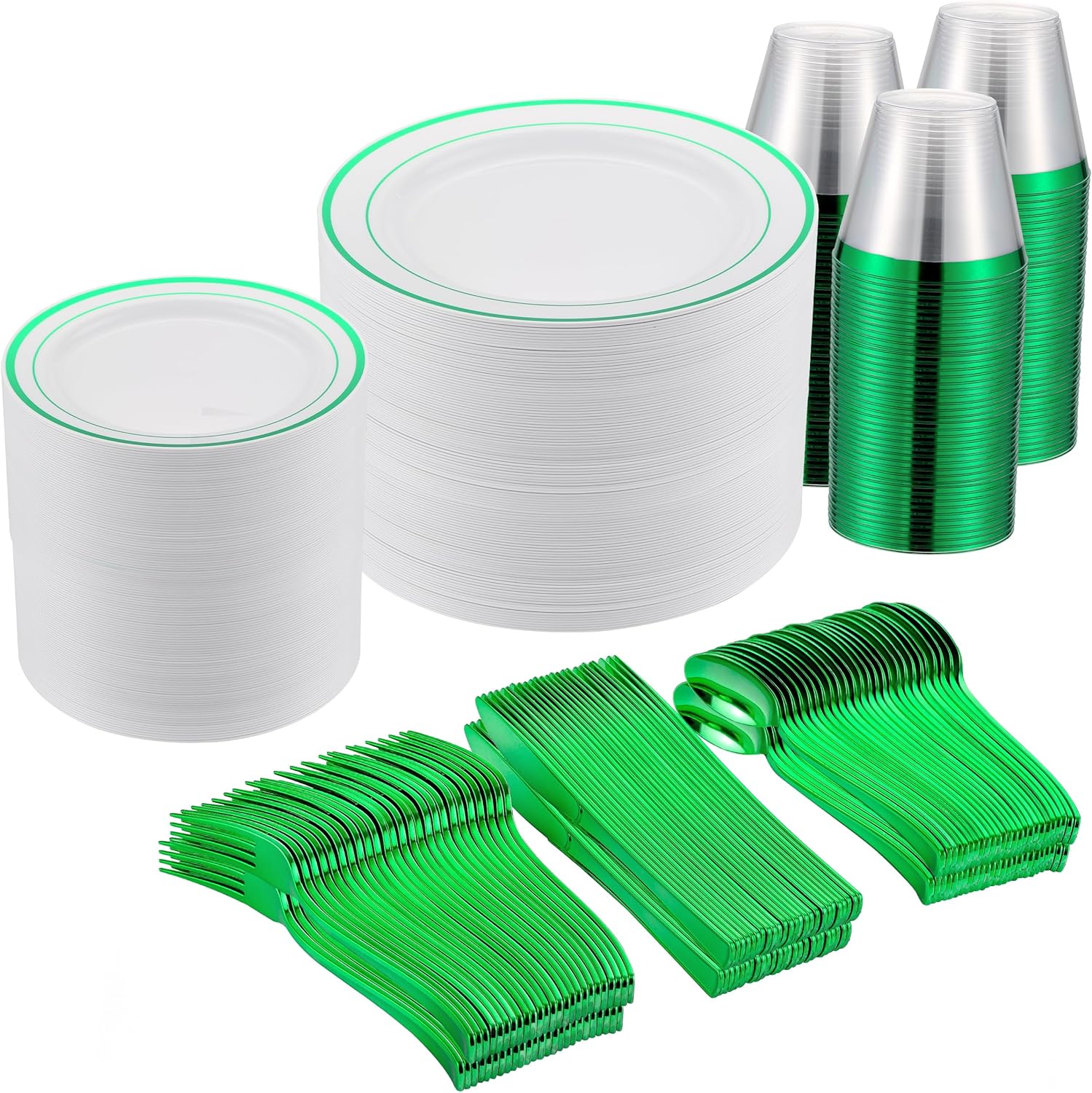 300 PCS Green Plastic Dinnerware Set for 50 Guests - Ideal for Events
