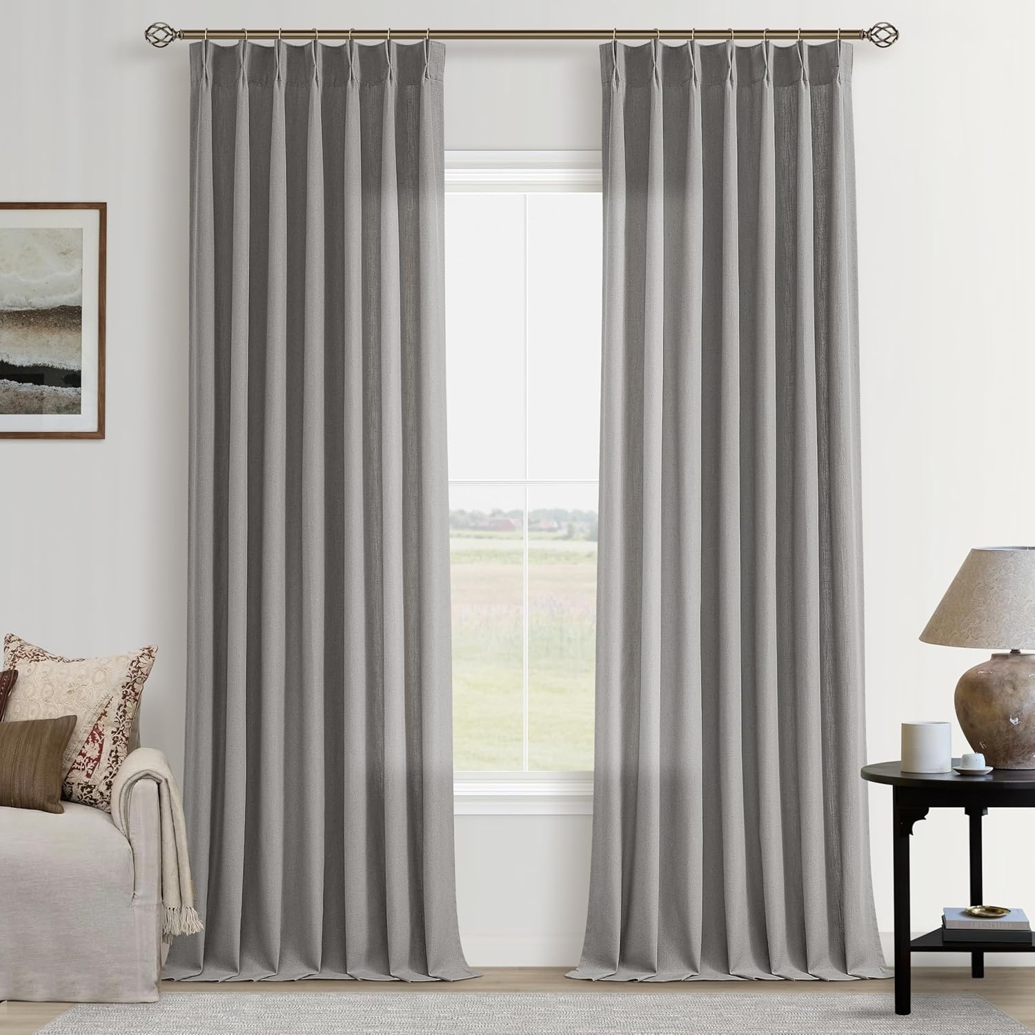 Grey Linen Curtains 90 Inches Long for Living Room and Bedroom