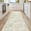 Beige Green 3x10 Runner Rug for Hallways - Washable Distressed
