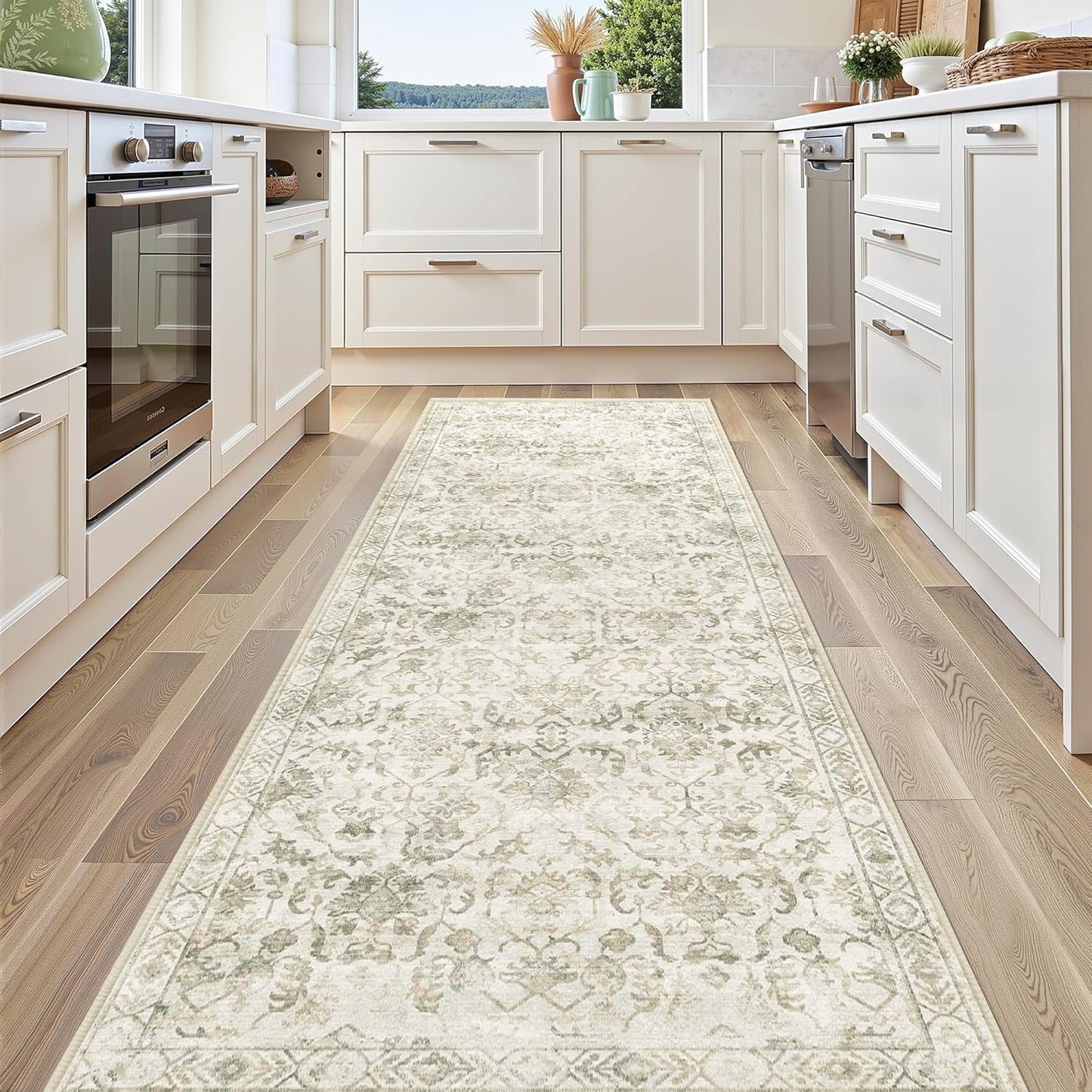 Beige Green 3x10 Runner Rug for Hallways and Entryways