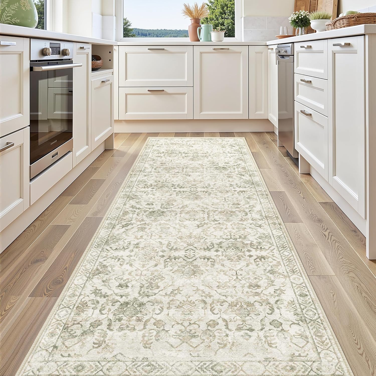 Beige Green 3x10 Runner Rug for Hallways and Entryways